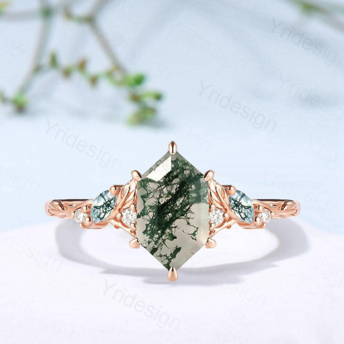 Vintage Moss Agate Engagement Ring, Marquise Wedding Ring, 14K Gold Leaf Vine
