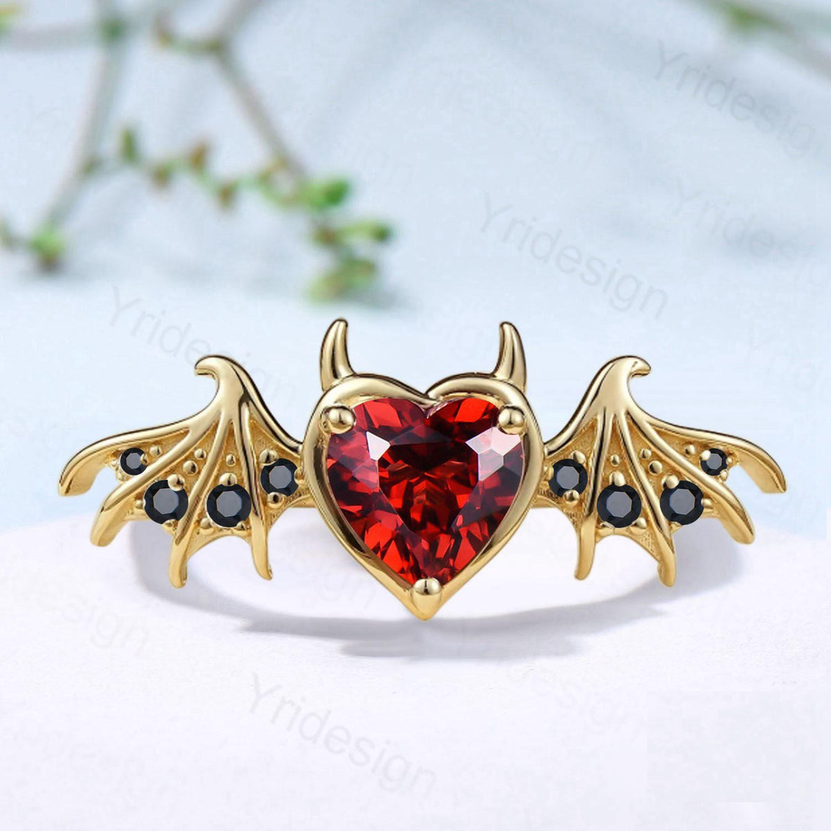 Heart Garnet Bat Wing Ring, Black Spinel Devil Engagement Ring