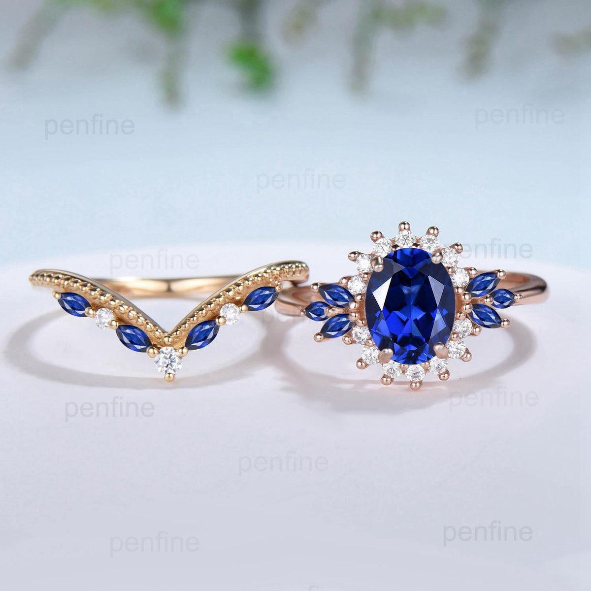 Vintage Oval Cut Blue Sapphire Engagement Ring Set Unique June Birthstone Promise Ring Cluster Moissanite Ring Handmade Wedding Bridal Sets