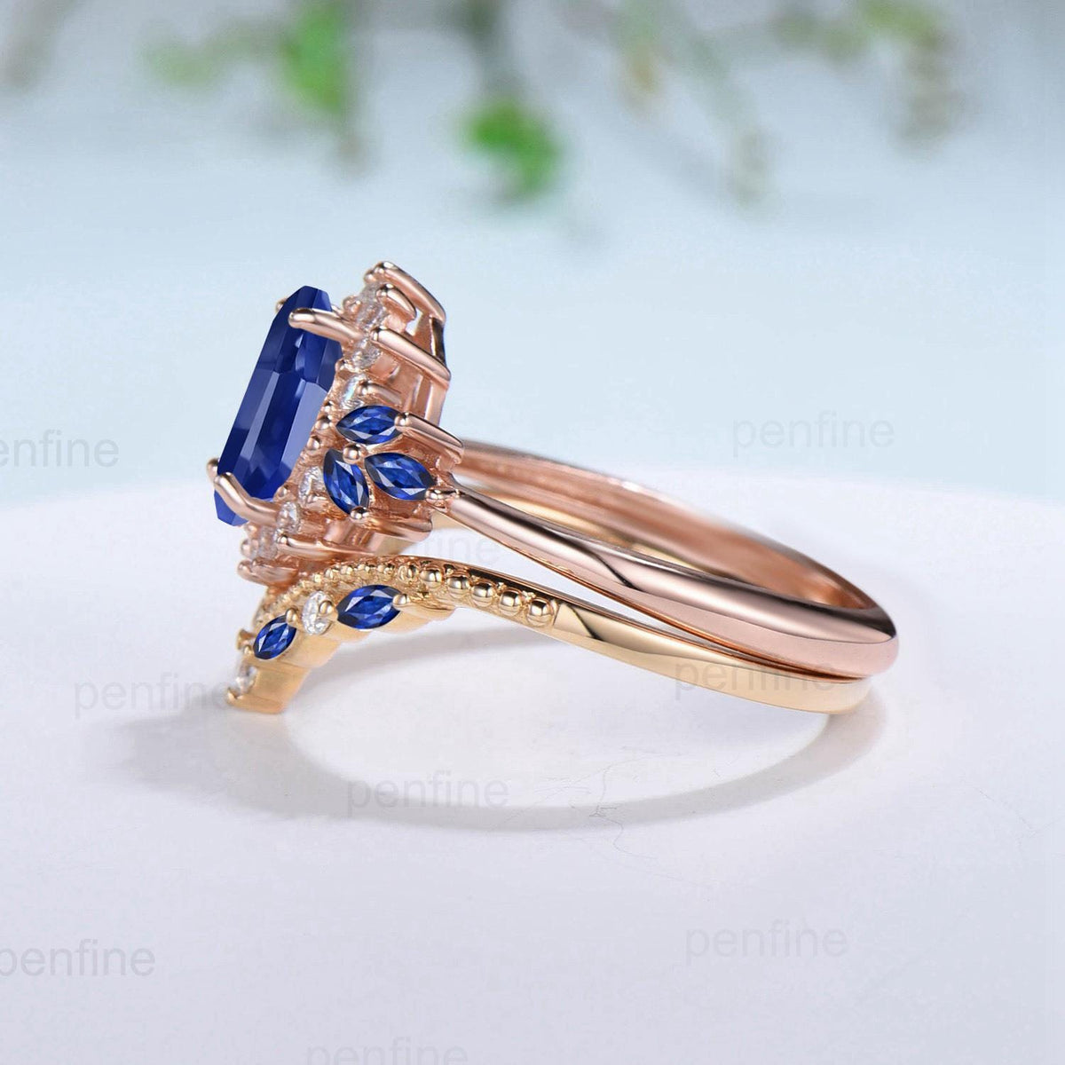 Vintage Oval Cut Blue Sapphire Engagement Ring Set Unique June Birthstone Promise Ring Cluster Moissanite Ring Handmade Wedding Bridal Sets