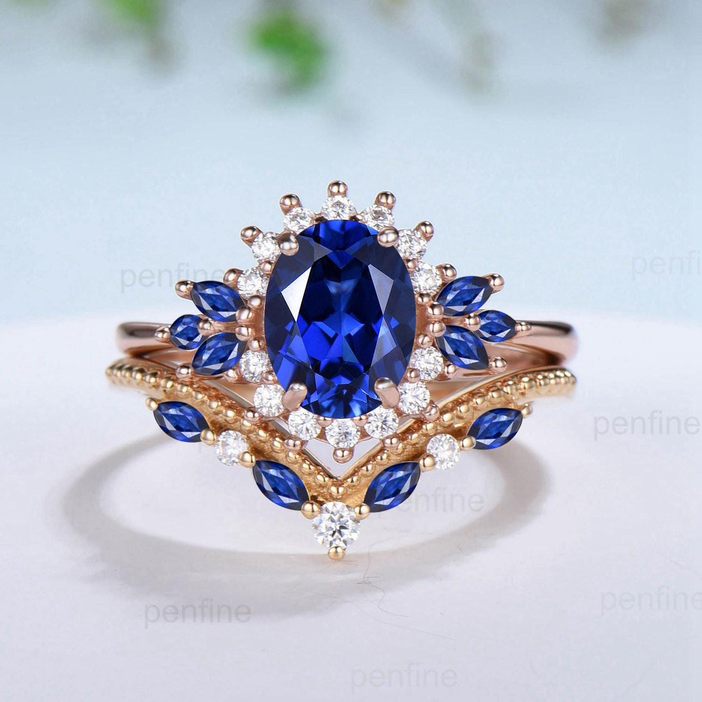 Vintage Oval Cut Blue Sapphire Engagement Ring Set Unique June Birthstone Promise Ring Cluster Moissanite Ring Handmade Wedding Bridal Sets