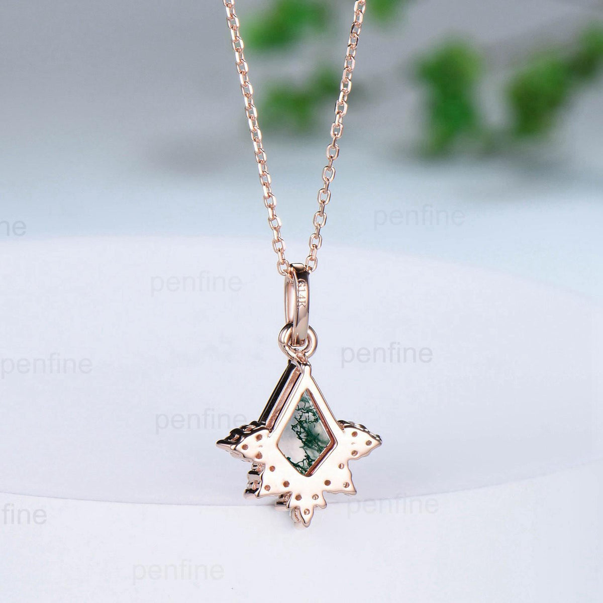 Art Deco Natural Moss Agate Necklace Vintage Kite Cut Green Agate Pendant Silver 14k/18k rose gold emerald promise engagement gift for women