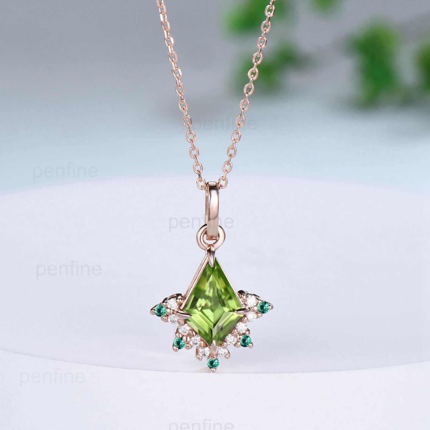 Vintage Kite Cut Natural Peridot Pendant Necklace August Birthstone Silver 14k/18k rose gold moissanite promise engagement gift for women