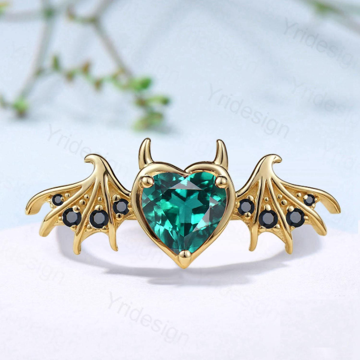 Heart Emerald Engagement Ring, Wing Black Spinel, Devil Promise Ring
