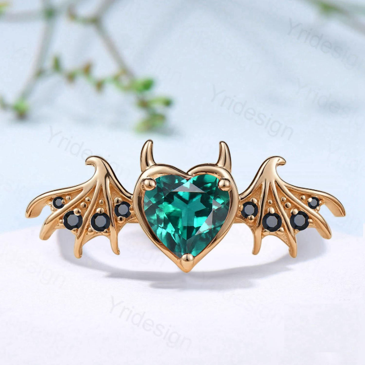 Heart Emerald Engagement Ring, Wing Black Spinel, Devil Promise Ring