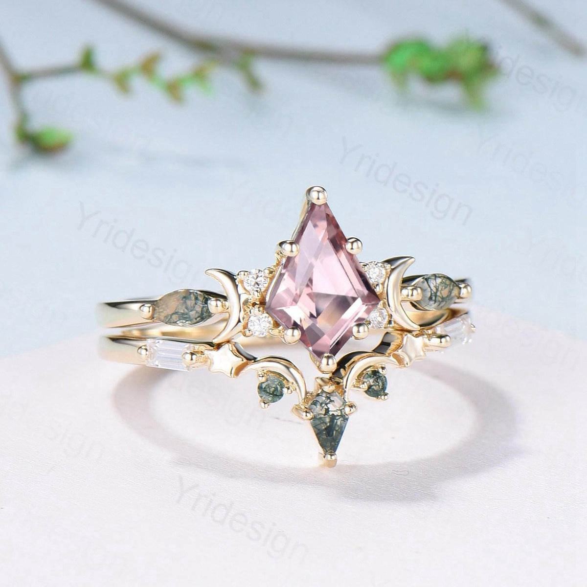 Vintage kite cut nature morganite engagement ring set Unique crescent moon star moss agate wedding set anniversary gift bridal set for women