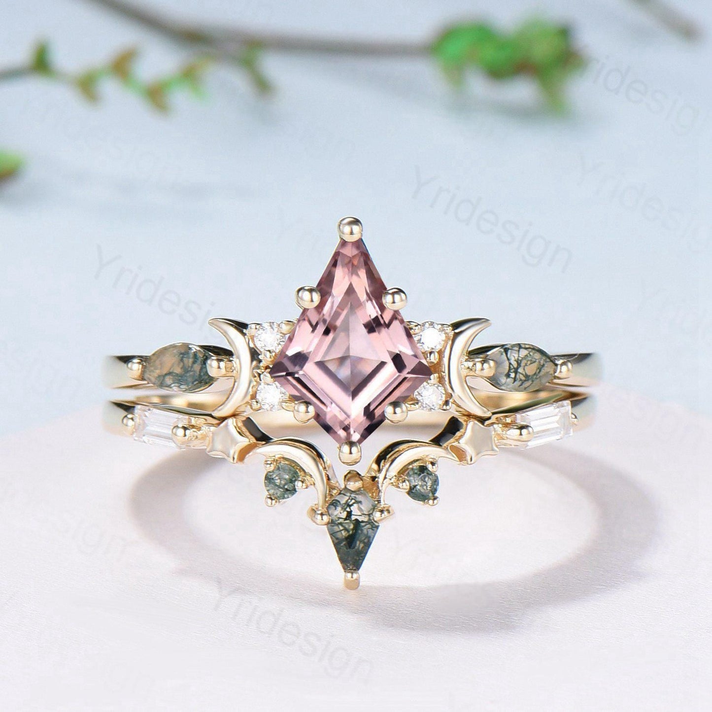 Vintage kite cut nature morganite engagement ring set Unique crescent moon star moss agate wedding set anniversary gift bridal set for women