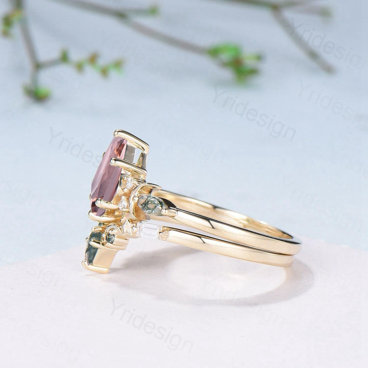 Vintage kite cut nature morganite engagement ring set Unique crescent moon star moss agate wedding set anniversary gift bridal set for women