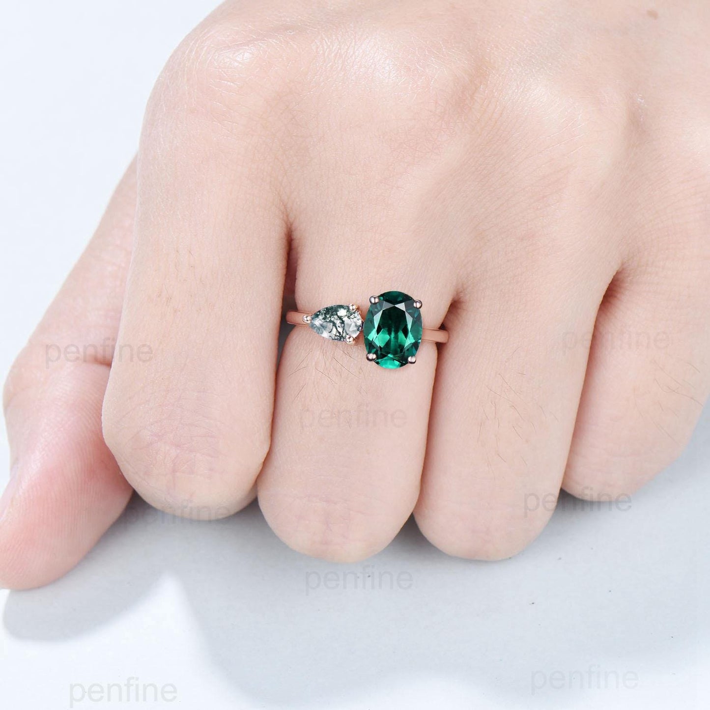 Two stone oval emerald and pear shaped moss agate engagement ring rose gold simple minimalist wedding ring anniversary bridal gifts for her