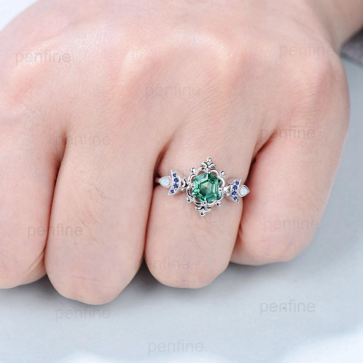 Floral Hexagon Green Teal Sapphire Engagement Ring Crescent Moon Cluster Opal Sapphire Wedding Ring Unique Promise Ring Handmade Bridal Gift