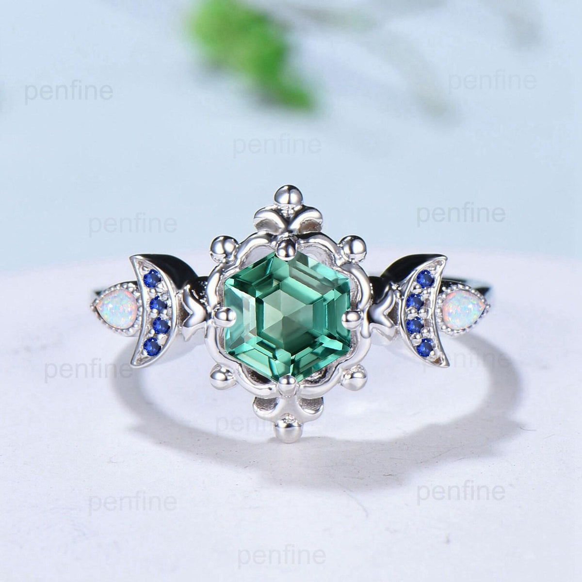 Floral Hexagon Green Teal Sapphire Engagement Ring Crescent Moon Cluster Opal Sapphire Wedding Ring Unique Promise Ring Handmade Bridal Gift