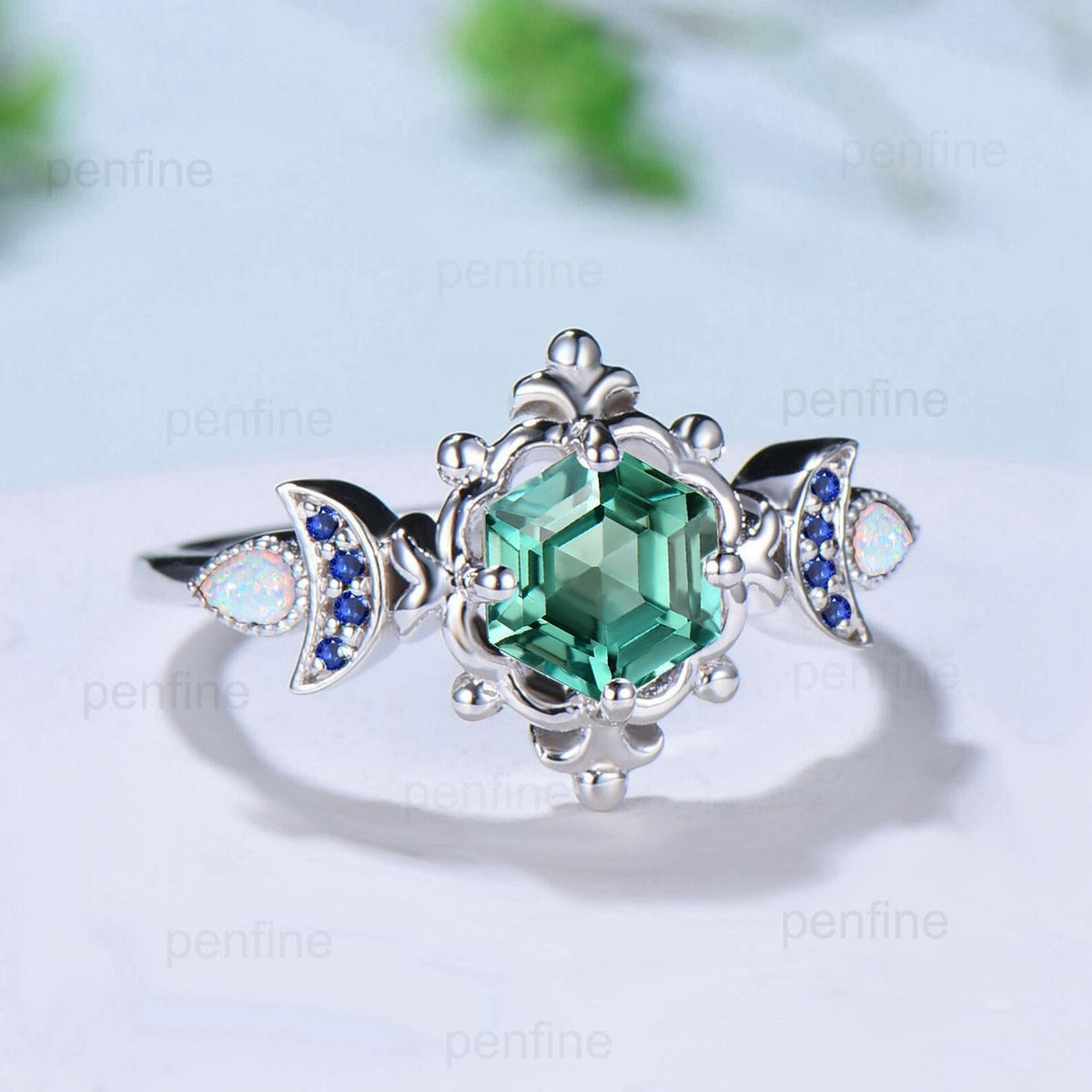 Floral Hexagon Green Teal Sapphire Engagement Ring Crescent Moon Cluster Opal Sapphire Wedding Ring Unique Promise Ring Handmade Bridal Gift