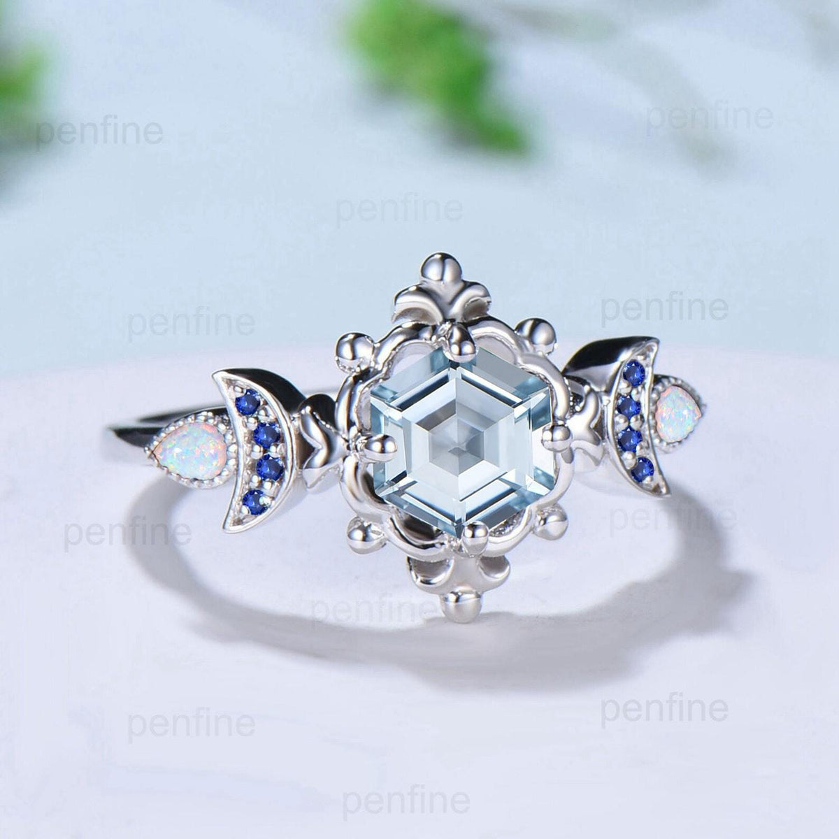 Floral Hexagon Natural Aquamarine Engagement Ring Crescent Moon Cluster Opal Sapphire Wedding Ring Unique Promise Ring Handmade Bridal Gift