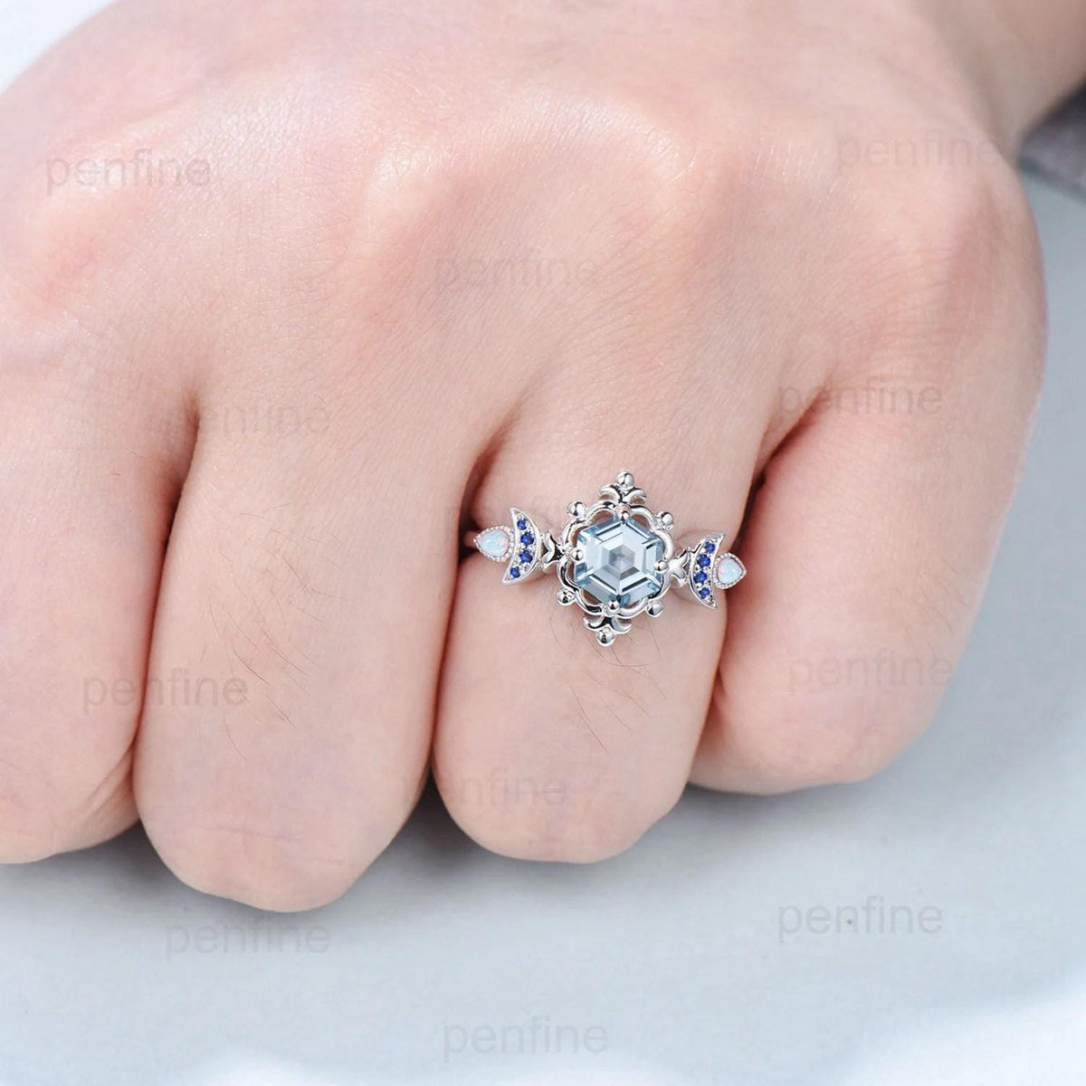 Floral Hexagon Natural Aquamarine Engagement Ring Crescent Moon Cluster Opal Sapphire Wedding Ring Unique Promise Ring Handmade Bridal Gift