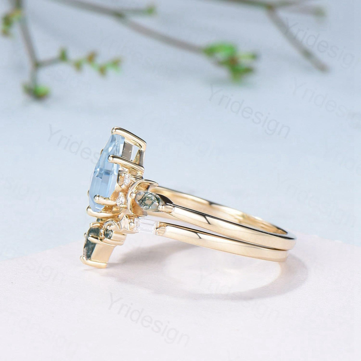 Vintage Kite Cut Natural Aquamarine Engagement Ring Set Yellow Gold Moon Star Cluster Moss Agate Wedding Ring Elegant March Birthstone Ring