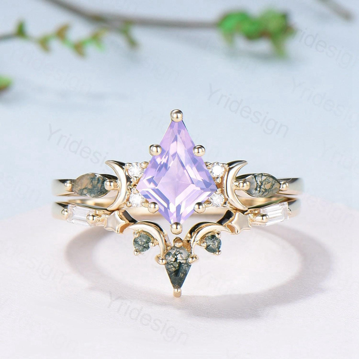 Vintage Kite Cut Natural Lavender Amethyst Engagement Ring Set Unique Yellow Gold Moon Star Wedding Ring Set Moss Agate Promise Bridal Ring