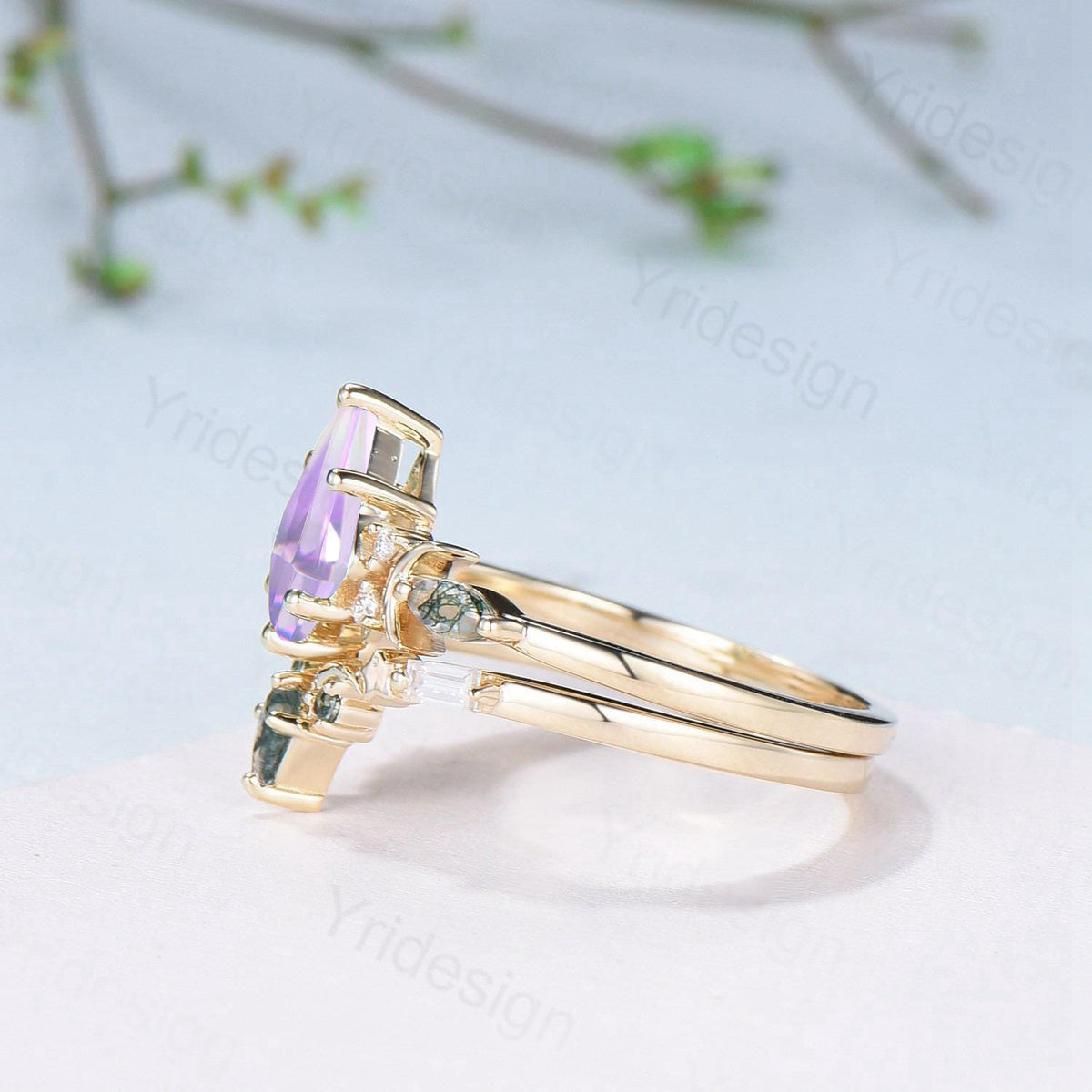Vintage Kite Cut Natural Lavender Amethyst Engagement Ring Set Unique Yellow Gold Moon Star Wedding Ring Set Moss Agate Promise Bridal Ring