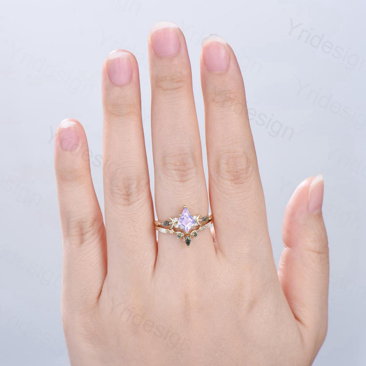 Vintage Kite Cut Natural Lavender Amethyst Engagement Ring Set Unique Yellow Gold Moon Star Wedding Ring Set Moss Agate Promise Bridal Ring