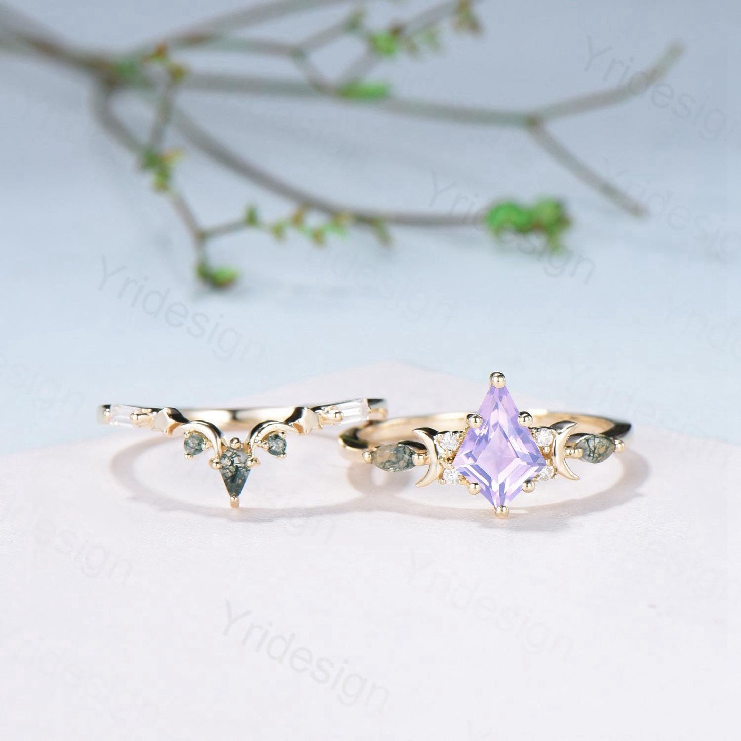 Vintage Kite Cut Natural Lavender Amethyst Engagement Ring Set Unique Yellow Gold Moon Star Wedding Ring Set Moss Agate Promise Bridal Ring