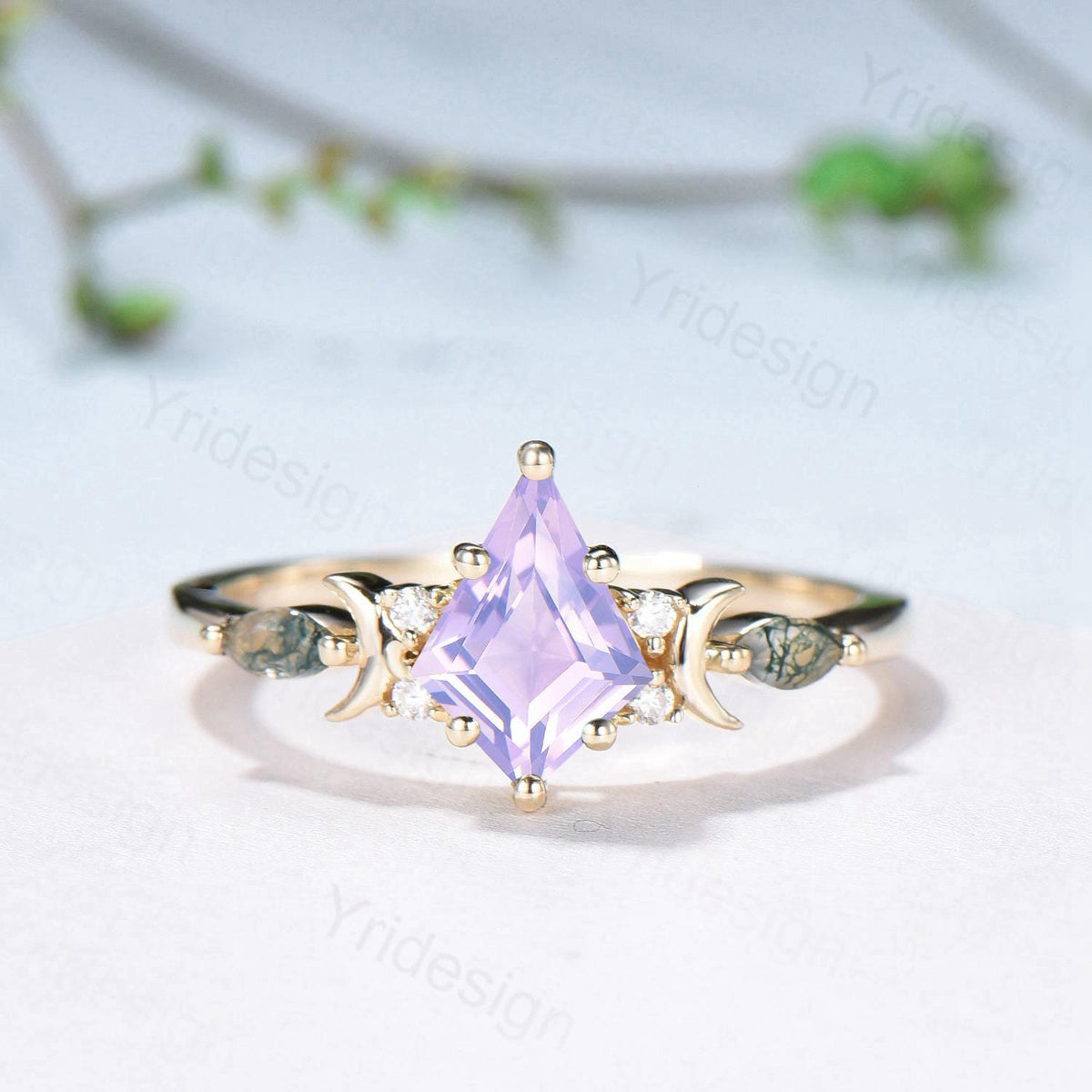 Vintage Kite Cut Natural Lavender Amethyst Engagement Ring Set Unique Yellow Gold Moon Star Wedding Ring Set Moss Agate Promise Bridal Ring