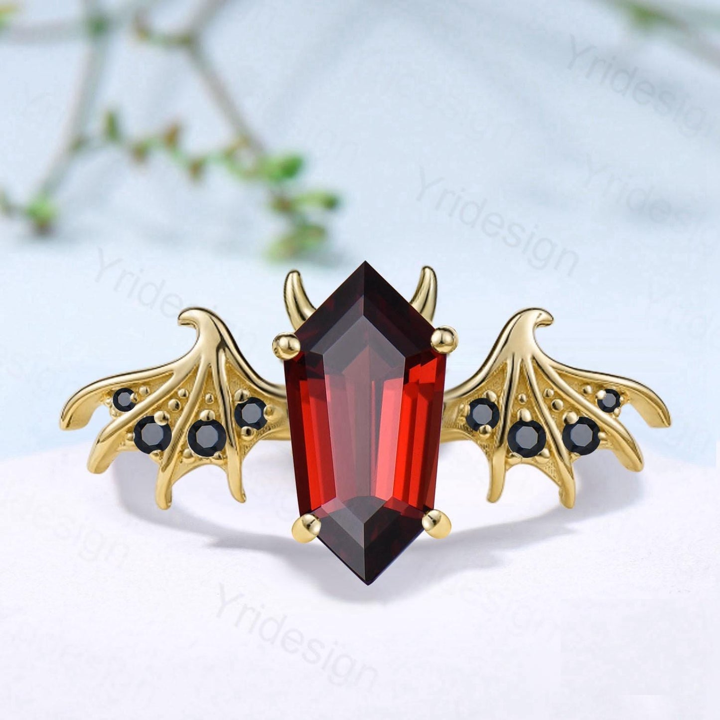 Shield Shaped Garnet Bat Engagement Ring Unique Wing Garnet Spinel Ring, Black Spinel Devil January Birthstone Engagement Ring