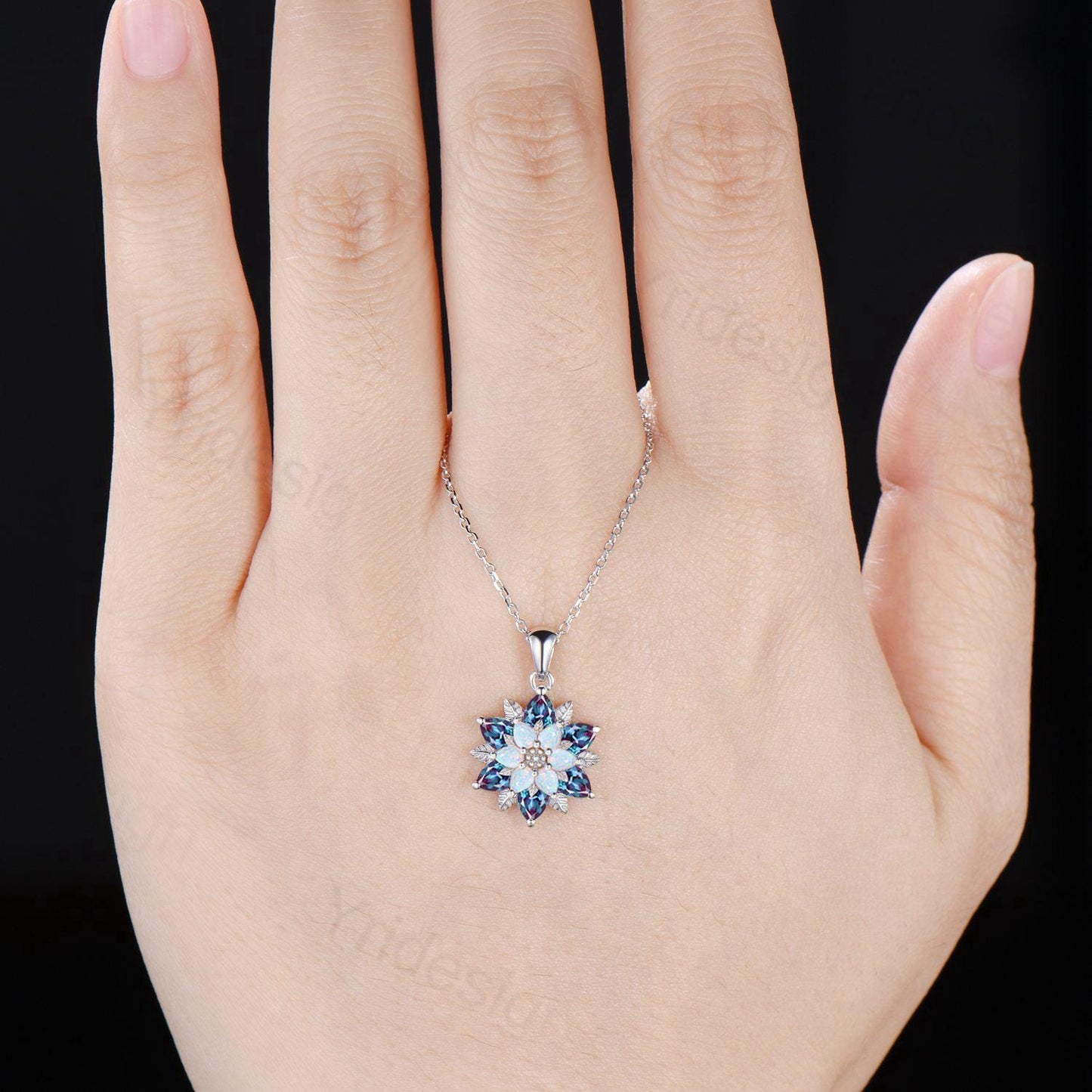 Unique Sunflower Alexandrite Necklace Elegant Natural Inspired Opal Necklace Double Halo Floral Pendant Leaf Vine Anniversary Promise Gift