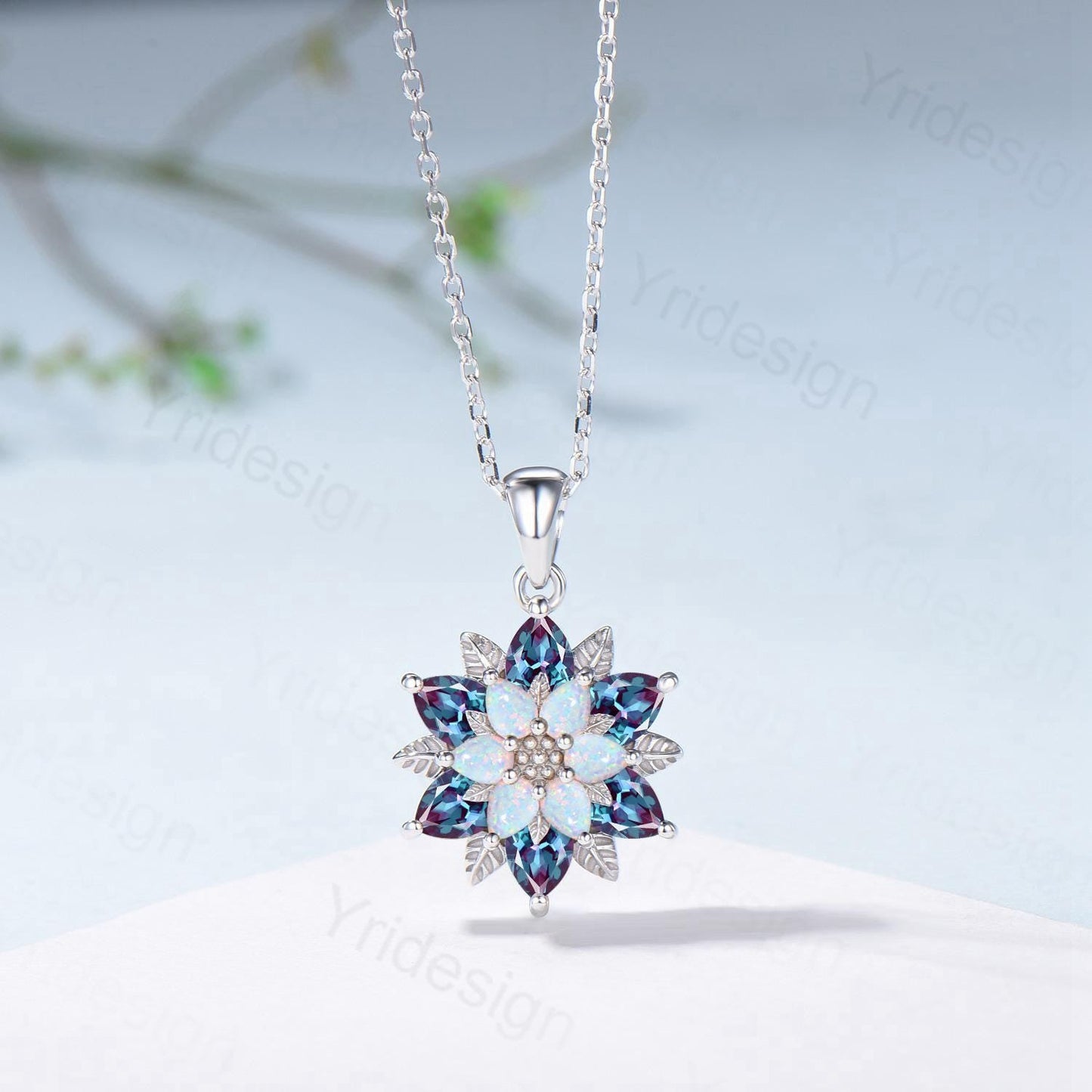 Unique Sunflower Alexandrite Necklace Elegant Natural Inspired Opal Necklace Double Halo Floral Pendant Leaf Vine Anniversary Promise Gift