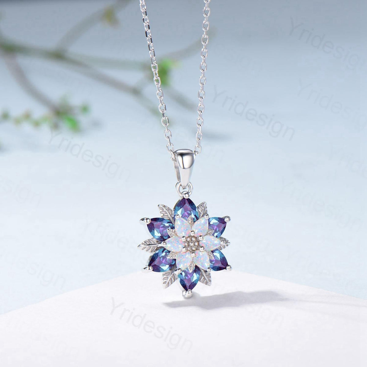 Unique Sunflower Alexandrite Necklace Elegant Natural Inspired Opal Necklace Double Halo Floral Pendant Leaf Vine Anniversary Promise Gift