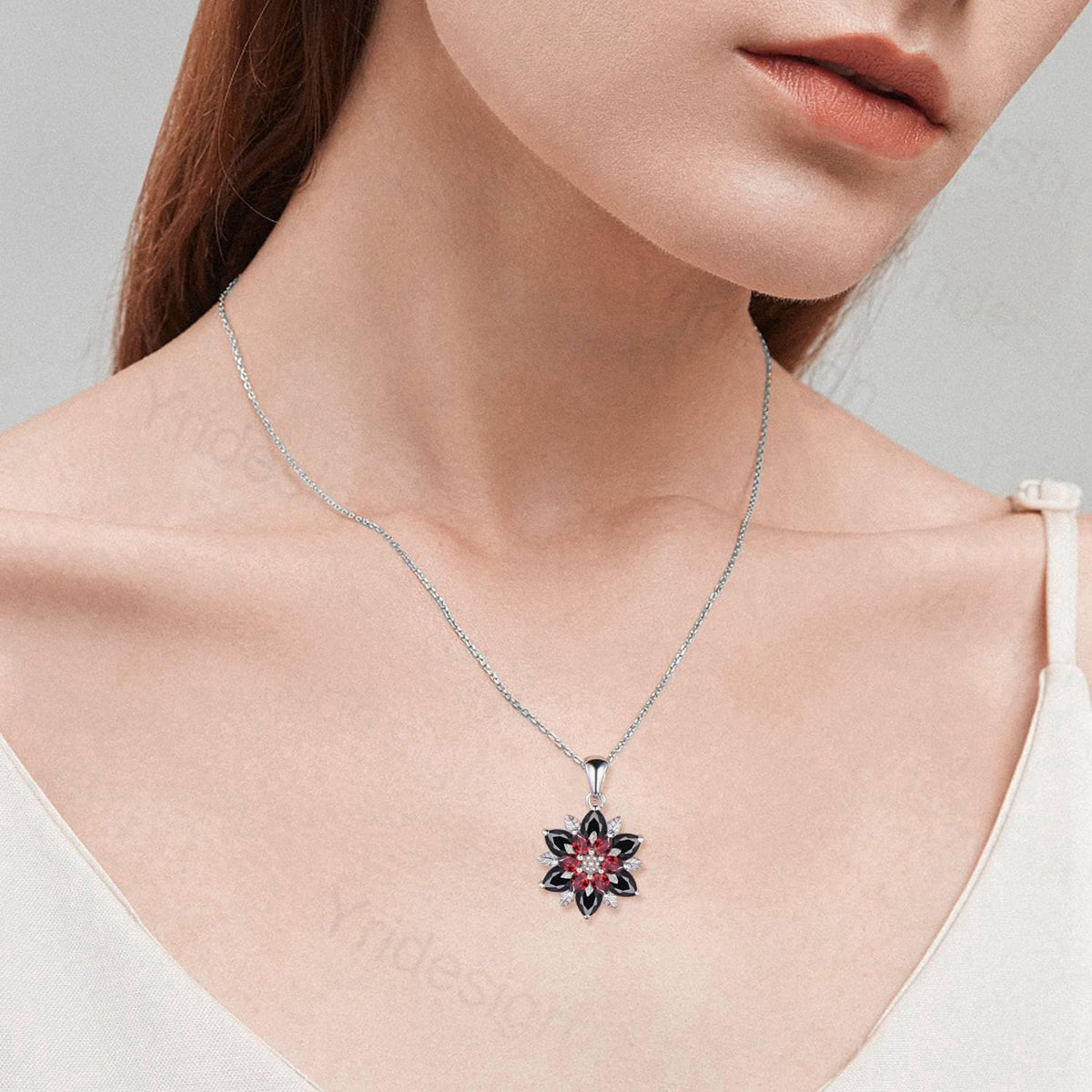 Unique Sunflower Garnet Necklace Elegant Gothic Black Spinel Necklace Women Double Halo Floral Pendant Leaf Vine Anniversary Promise Gift