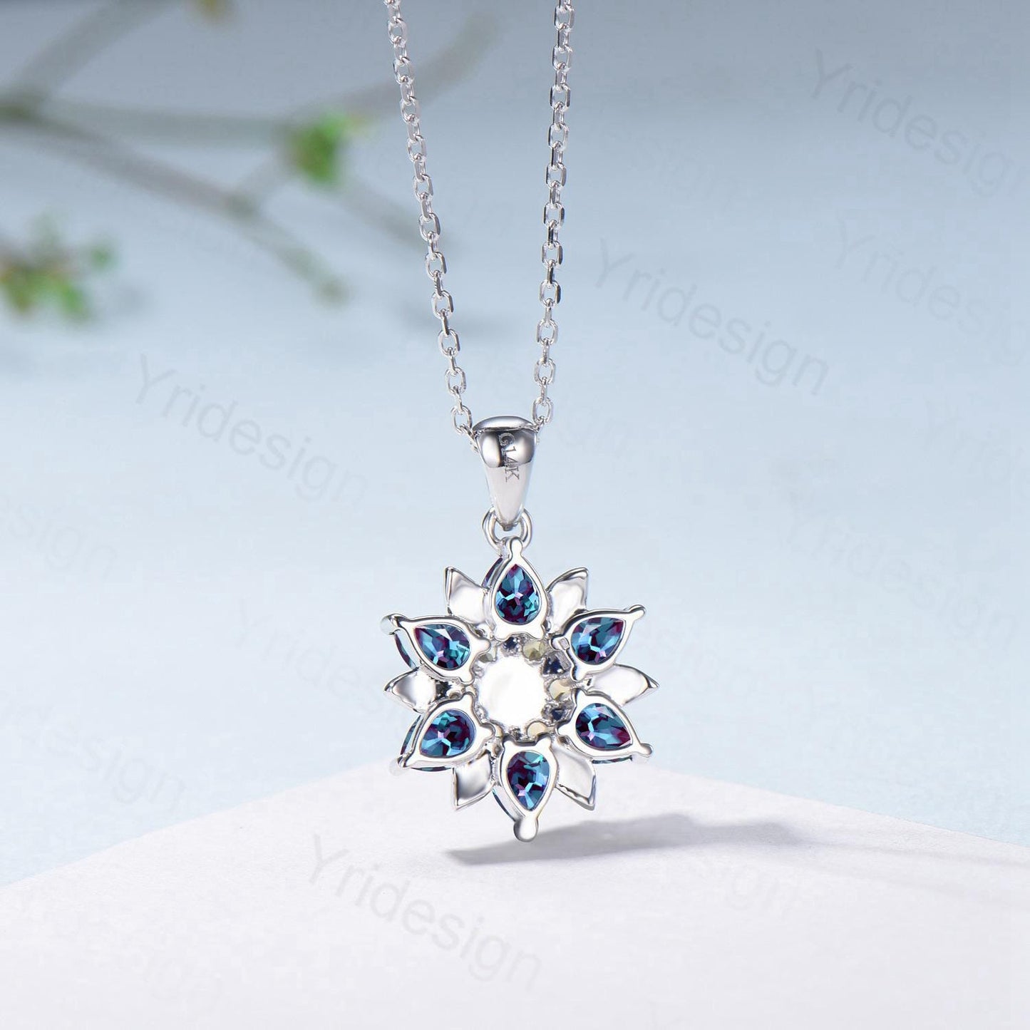 Unique Sunflower Alexandrite Necklace Art Deco Sapphire Pendant Necklace Double Halo Floral Pendant Leaf Vine Anniversary Promise Gift