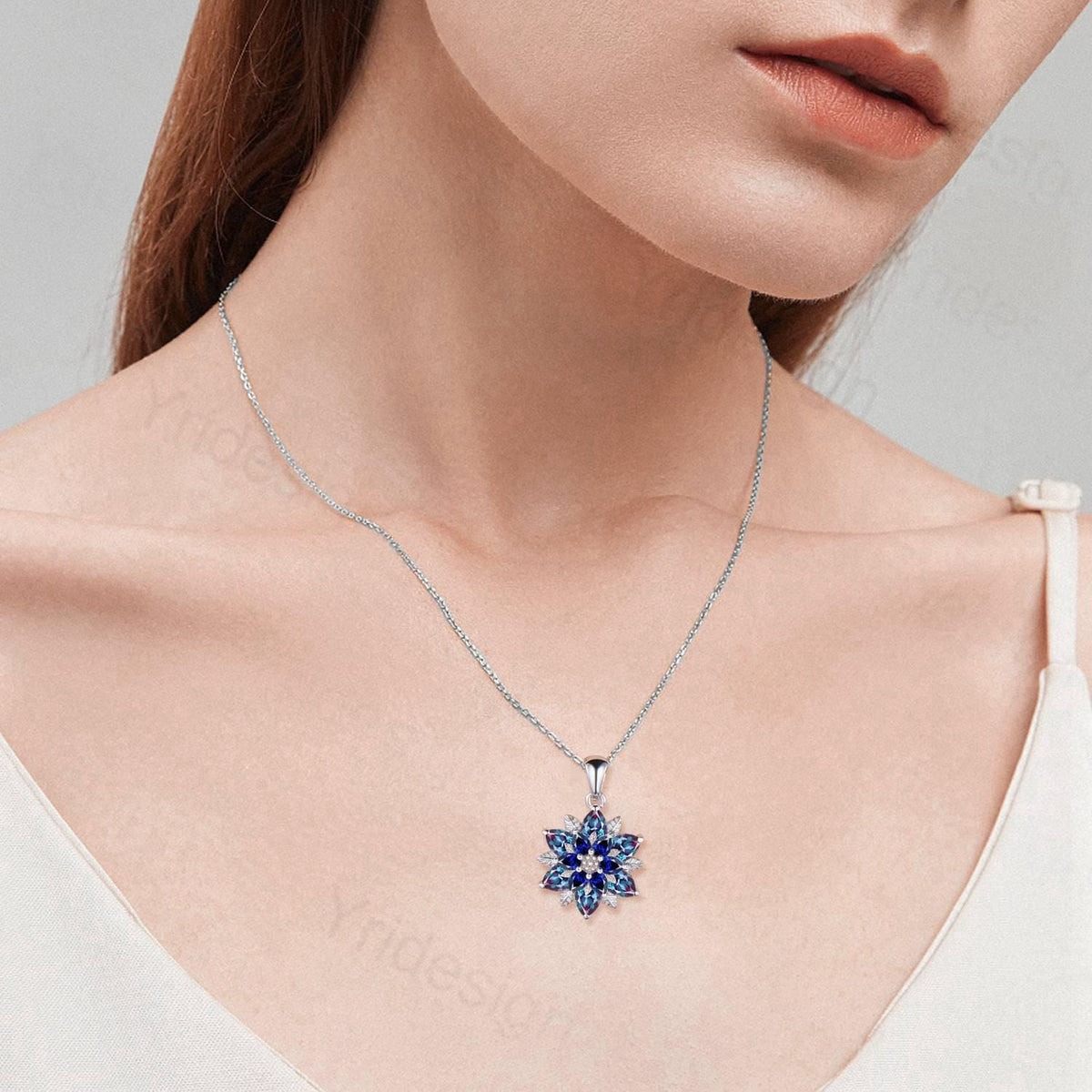 Unique Sunflower Alexandrite Necklace Art Deco Sapphire Pendant Necklace Double Halo Floral Pendant Leaf Vine Anniversary Promise Gift