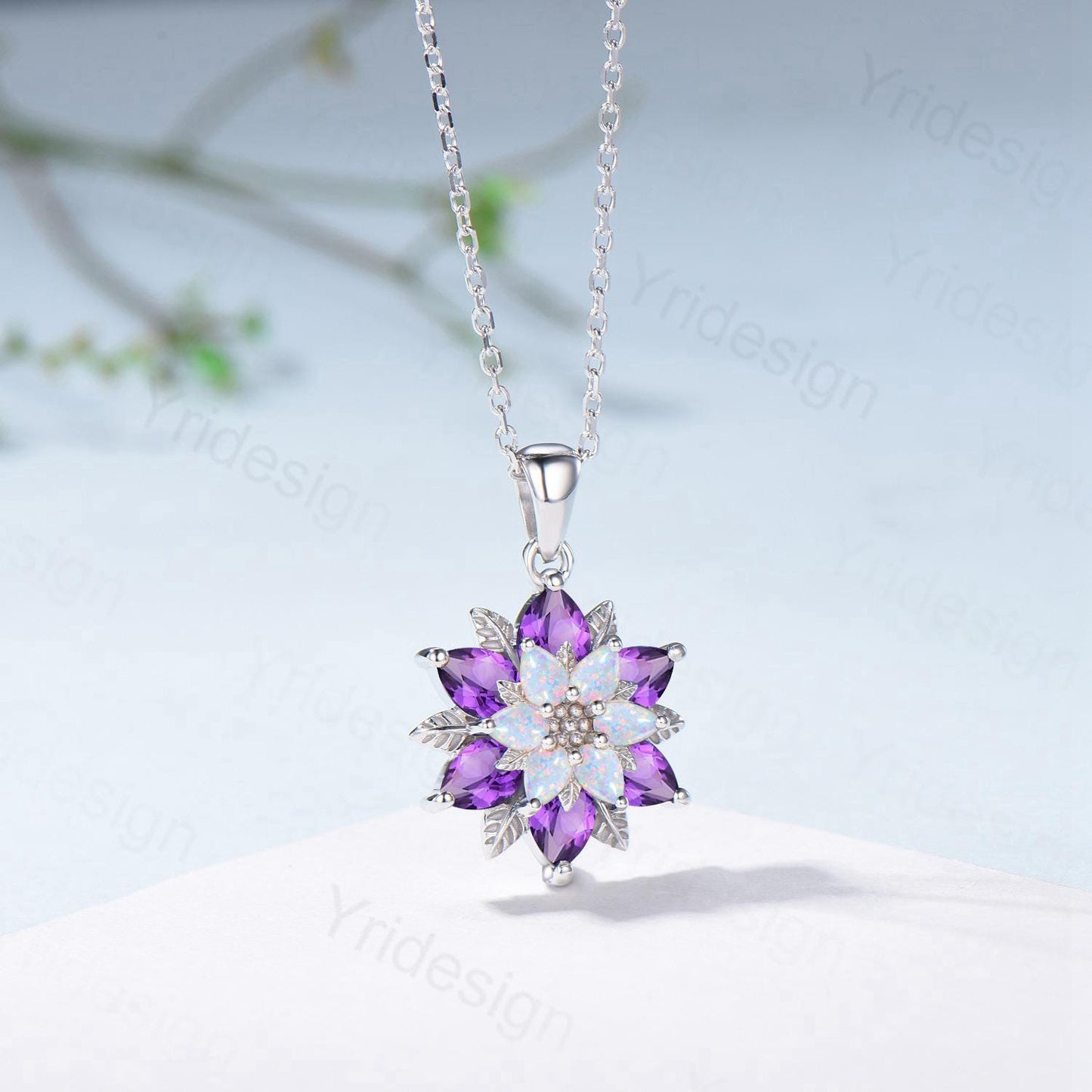 Unique Sunflower White Opal Amethyst Necklace Elegant Natural Inspired Double Halo Floral Pendant Leaf Vine Anniversary Promise Gift