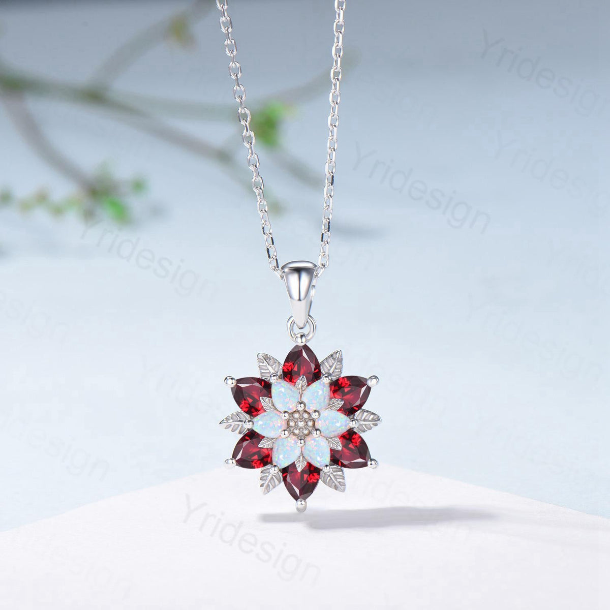 Unique Sunflower Opal Ruby Necklace Elegant Natural Inspired Necklace Double Halo Ruby Opal Floral Pendant Jewelry Anniversary Promise Gift