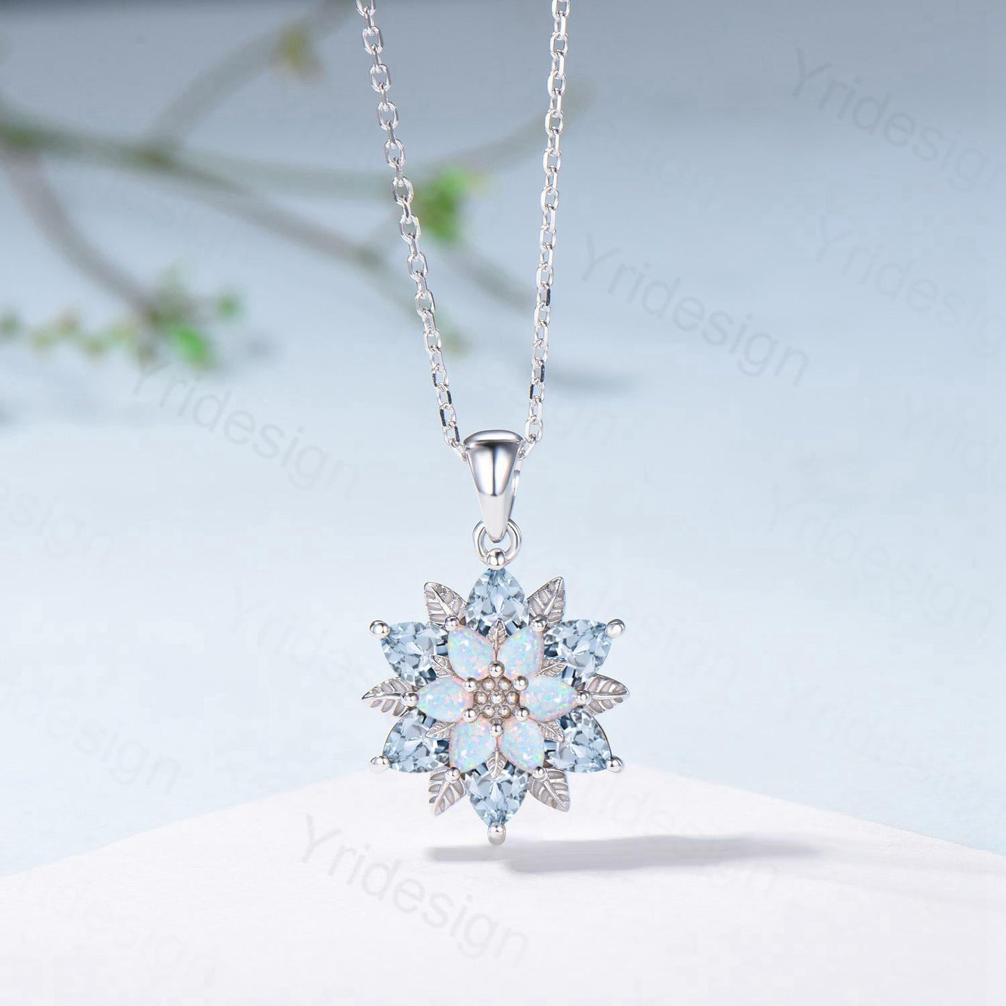 Unique Sunflower Natural Aquamarine Necklace Elegant Vintage Opal Necklace Double Halo Floral Pendant Leaf Vine Anniversary Promise Gift