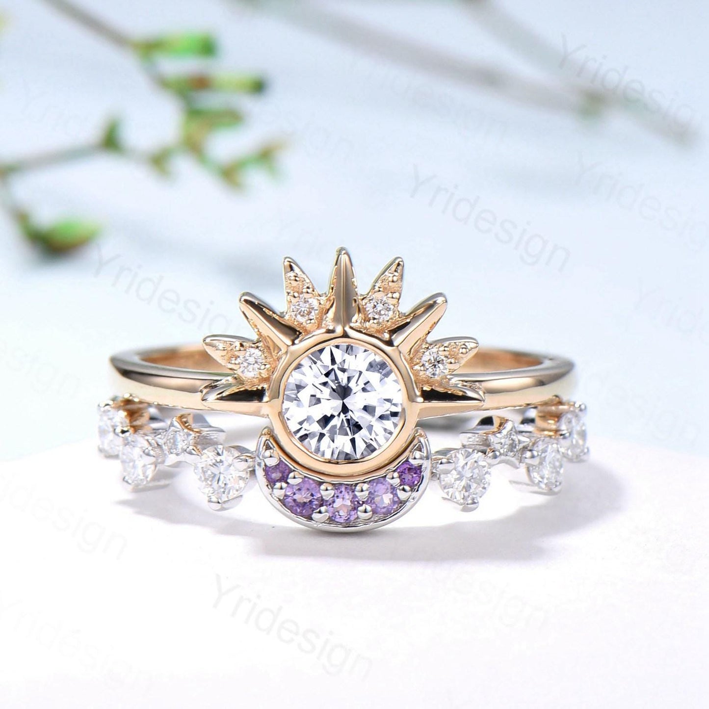 Unique 0.5 Carat Moissanite Ring Crescent Moon Moissanite Engagement Ring Set Sun And Moon Wedding Ring Art Deco Star Bridal Ring Set Women