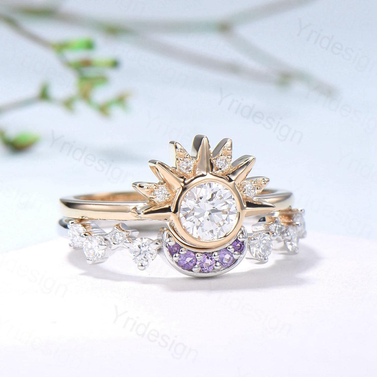 Unique 0.5 Carat Moissanite Ring Crescent Moon Moissanite Engagement Ring Set Sun And Moon Wedding Ring Art Deco Star Bridal Ring Set Women