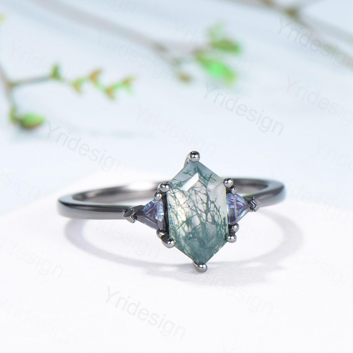 Gothic Black Gold Moss Agate Engagement Ring Long Hexagon Green Agate 3 Stone Trillion Alexandrite Wedding Ring Handmade Anniversary Gift