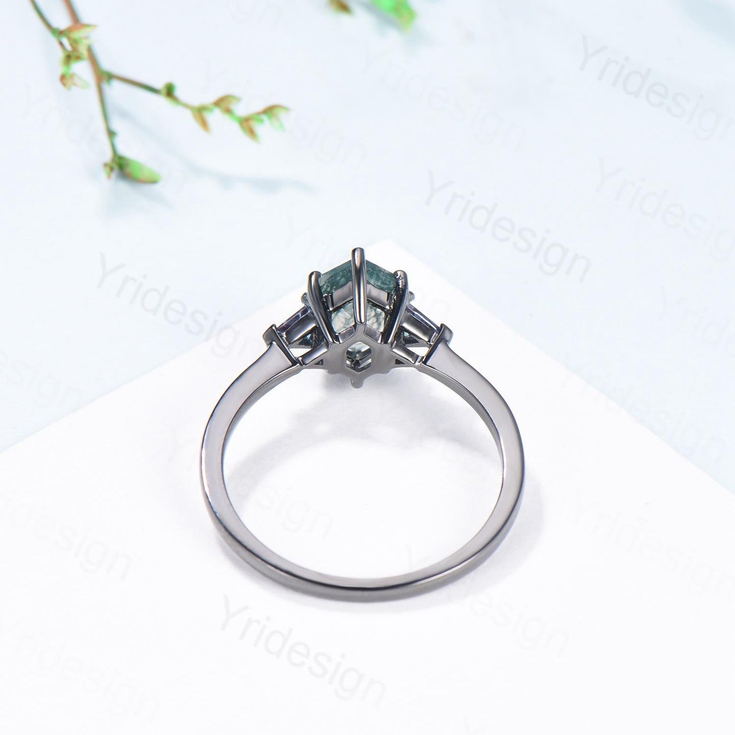 Gothic Black Gold Moss Agate Engagement Ring Long Hexagon Green Agate 3 Stone Trillion Alexandrite Wedding Ring Handmade Anniversary Gift