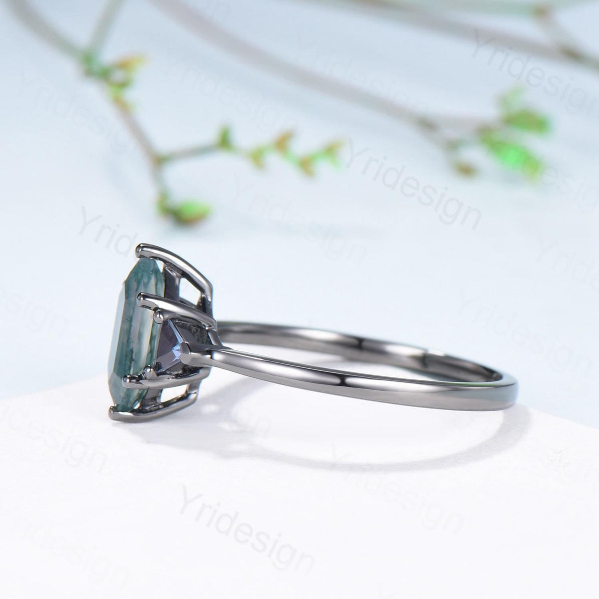 Gothic Black Gold Moss Agate Engagement Ring Long Hexagon Green Agate 3 Stone Trillion Alexandrite Wedding Ring Handmade Anniversary Gift