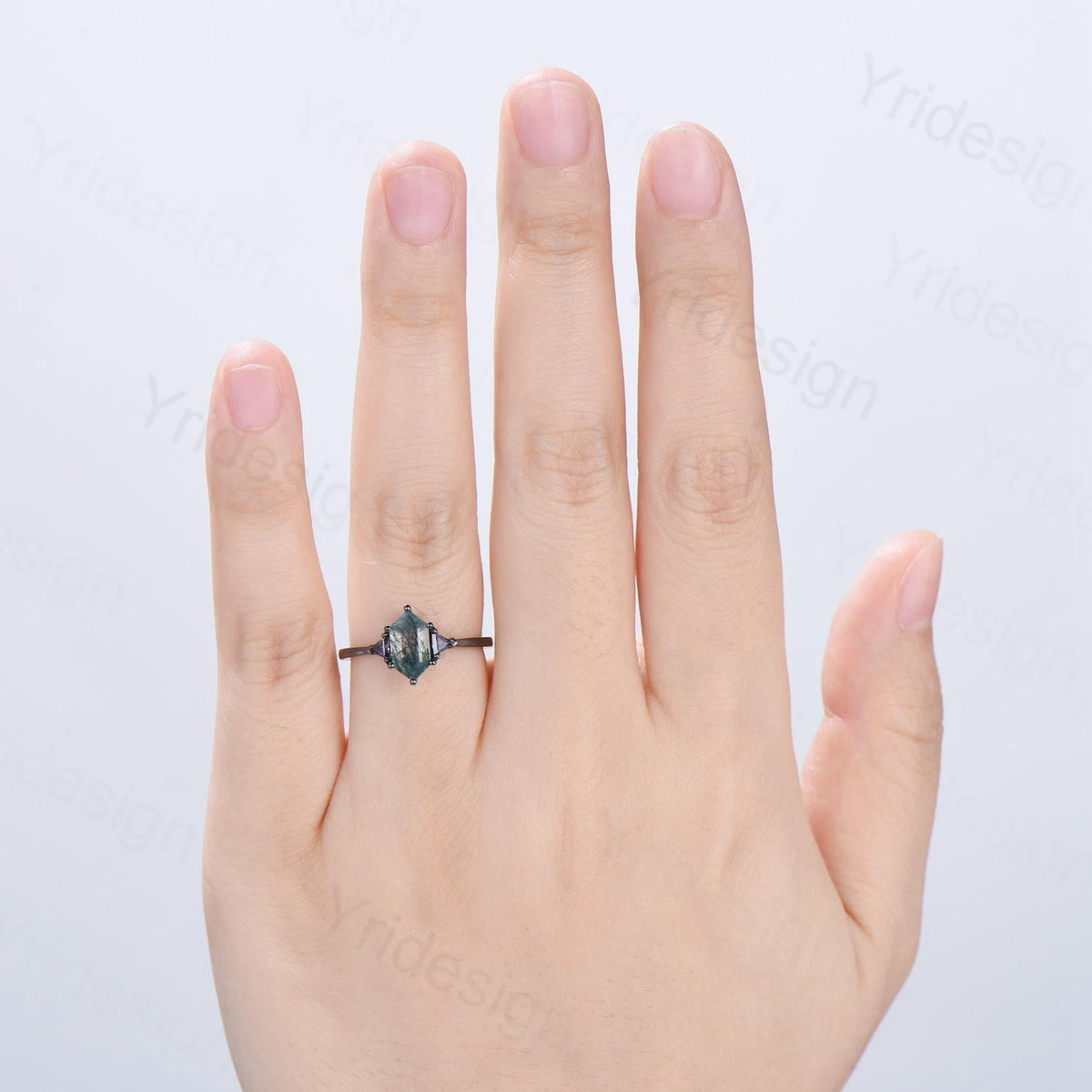 Gothic Black Gold Moss Agate Engagement Ring Long Hexagon Green Agate 3 Stone Trillion Alexandrite Wedding Ring Handmade Anniversary Gift