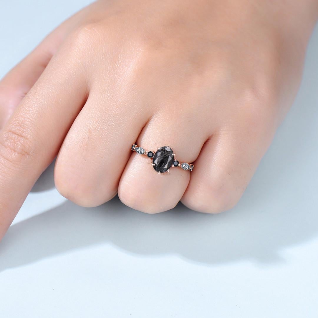 Unique oval cut salt and pepper diamond engagement ring black rutilated quartz spinel handmade promise ring anniversary gift for fiancée