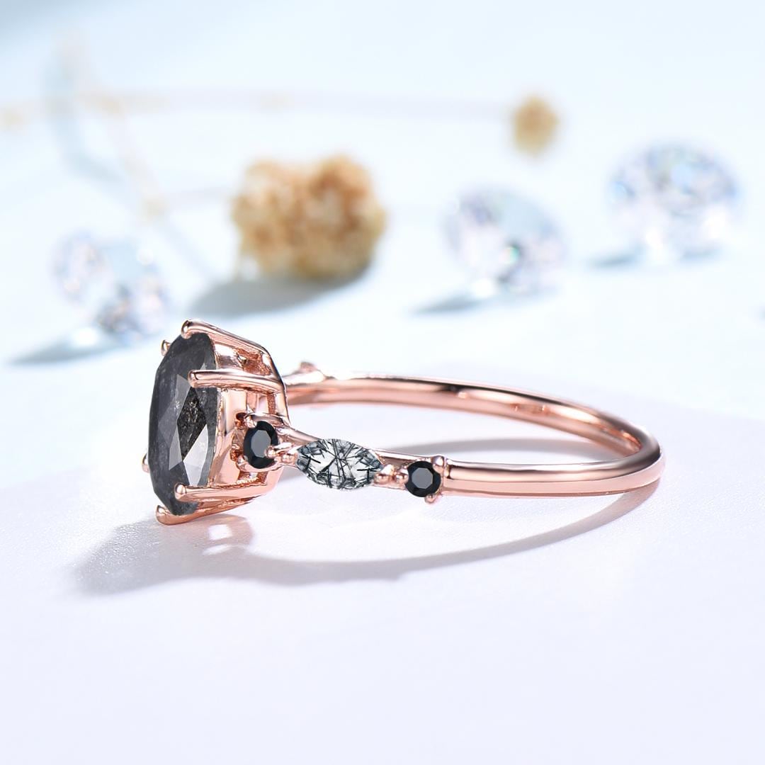 Unique oval cut salt and pepper diamond engagement ring black rutilated quartz spinel handmade promise ring anniversary gift for fiancée