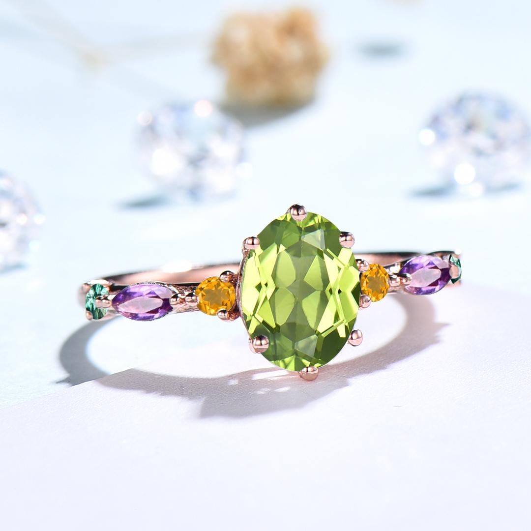 Vintage Oval Cut Peridot Engagement Ring Multi-Stone Cluster Citrine Amethyst Emerald Wedding Ring August Birthstone Anniversary Gift Women