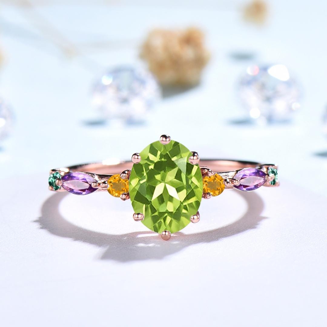 Vintage Oval Cut Peridot Engagement Ring Multi-Stone Cluster Citrine Amethyst Emerald Wedding Ring August Birthstone Anniversary Gift Women