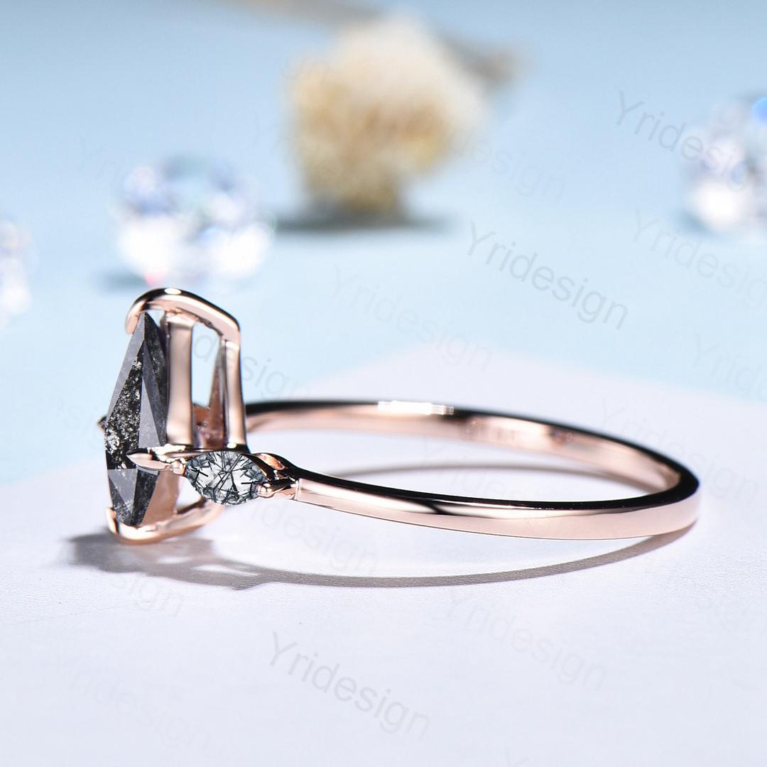 Simple Kite Cut Salt And Pepper Diamond Ring Minimalist Pepper Black Diamond Engagement Ring Vintage Rose Gold Rutilated Quartz Promise Ring