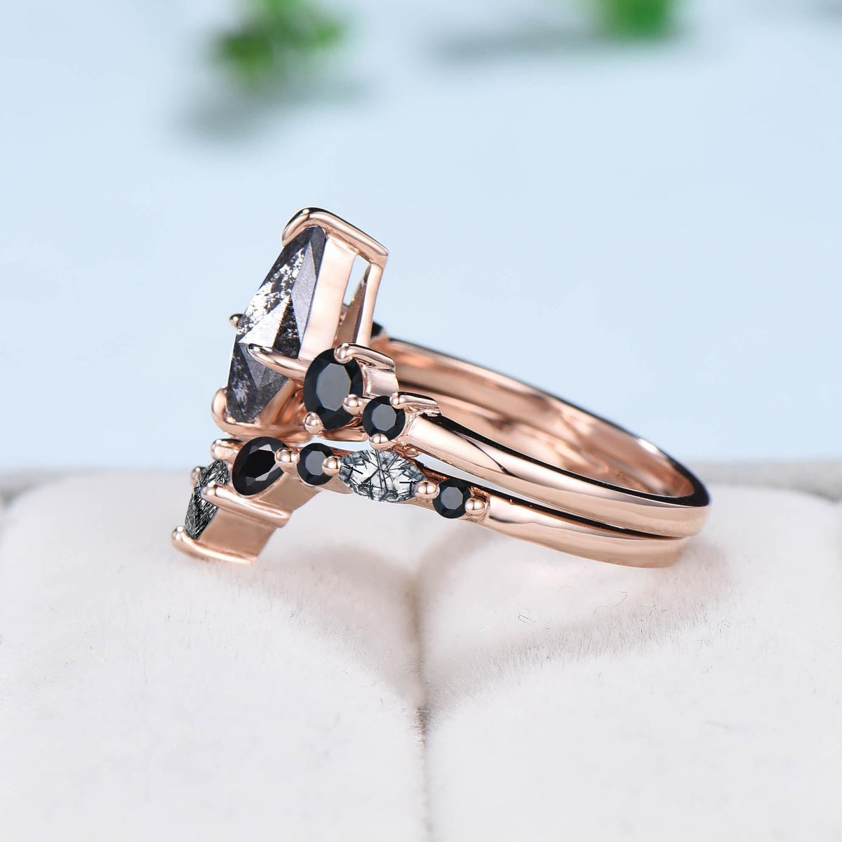 Five Stone kite cut salt and pepper diamond engagement ring set Unique black spinel bridal wedding set handmade anniversary promise gifts