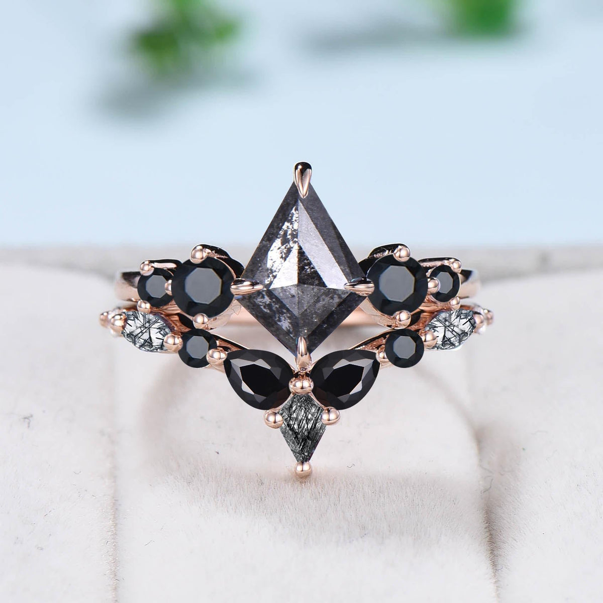 Five Stone kite cut salt and pepper diamond engagement ring set Unique black spinel bridal wedding set handmade anniversary promise gifts