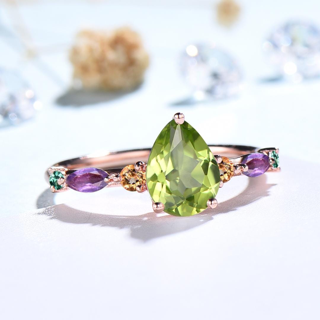 Vintage Pear Shaped Peridot Engagement Ring Multi-Stone Cluster Citrine Amethyst Emerald Wedding Ring Birthday Anniversary Promise Gift