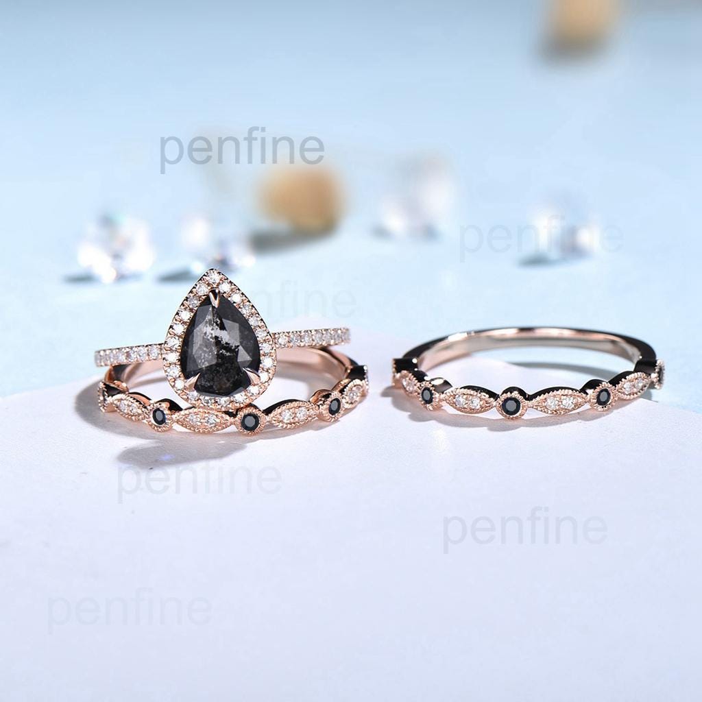 vintage salt and pepper diamond engagement ring set rose gold halo diamond marquise milgrain wedding ring handmade anniversary ring women