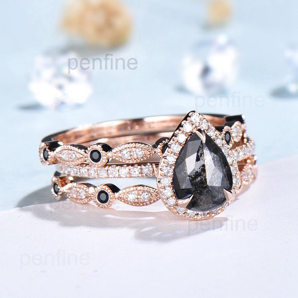 vintage salt and pepper diamond engagement ring set rose gold halo diamond marquise milgrain wedding ring handmade anniversary ring women
